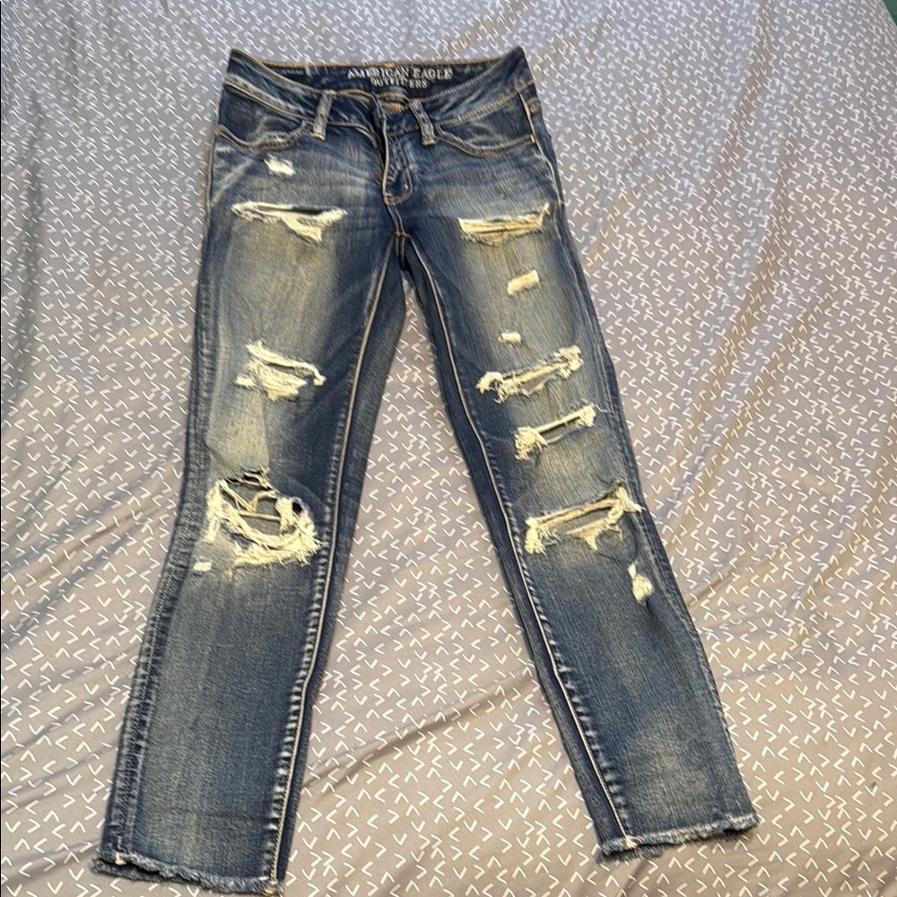 American Eagle Outfitters Blue Skinny Jeans Distressed Design